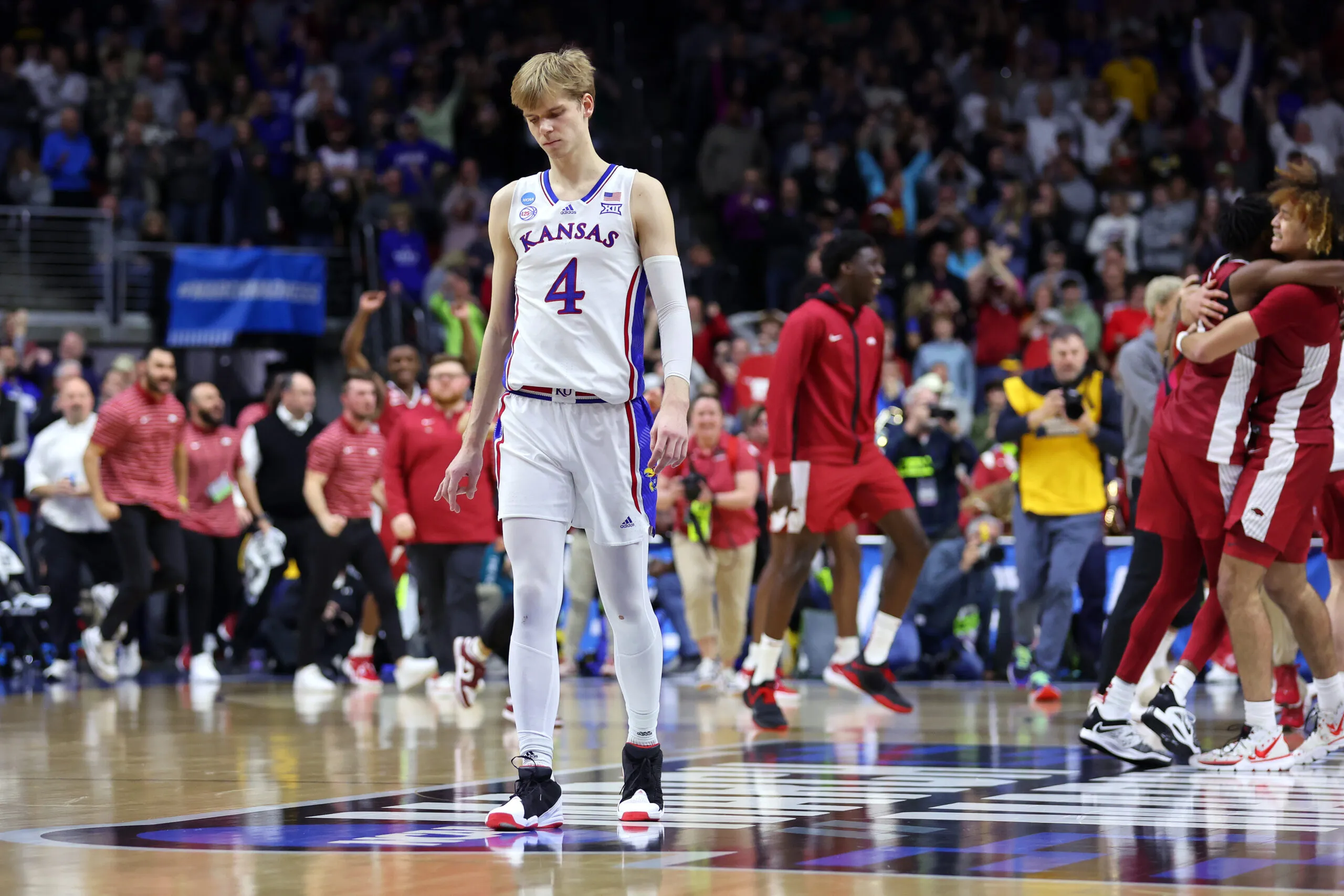 DES MOINES, IOWA - MARCH 18: Gradey Dick #4 of the Kansas Jayhawks reacts after being defeated by the Arkansas Razorbacks in the second round of the NCAA Men's Basketball Tournament at Wells Fargo Arena on March 18, 2023 in Des Moines, Iowa. (Photo by Michael Reaves/Getty Images)
