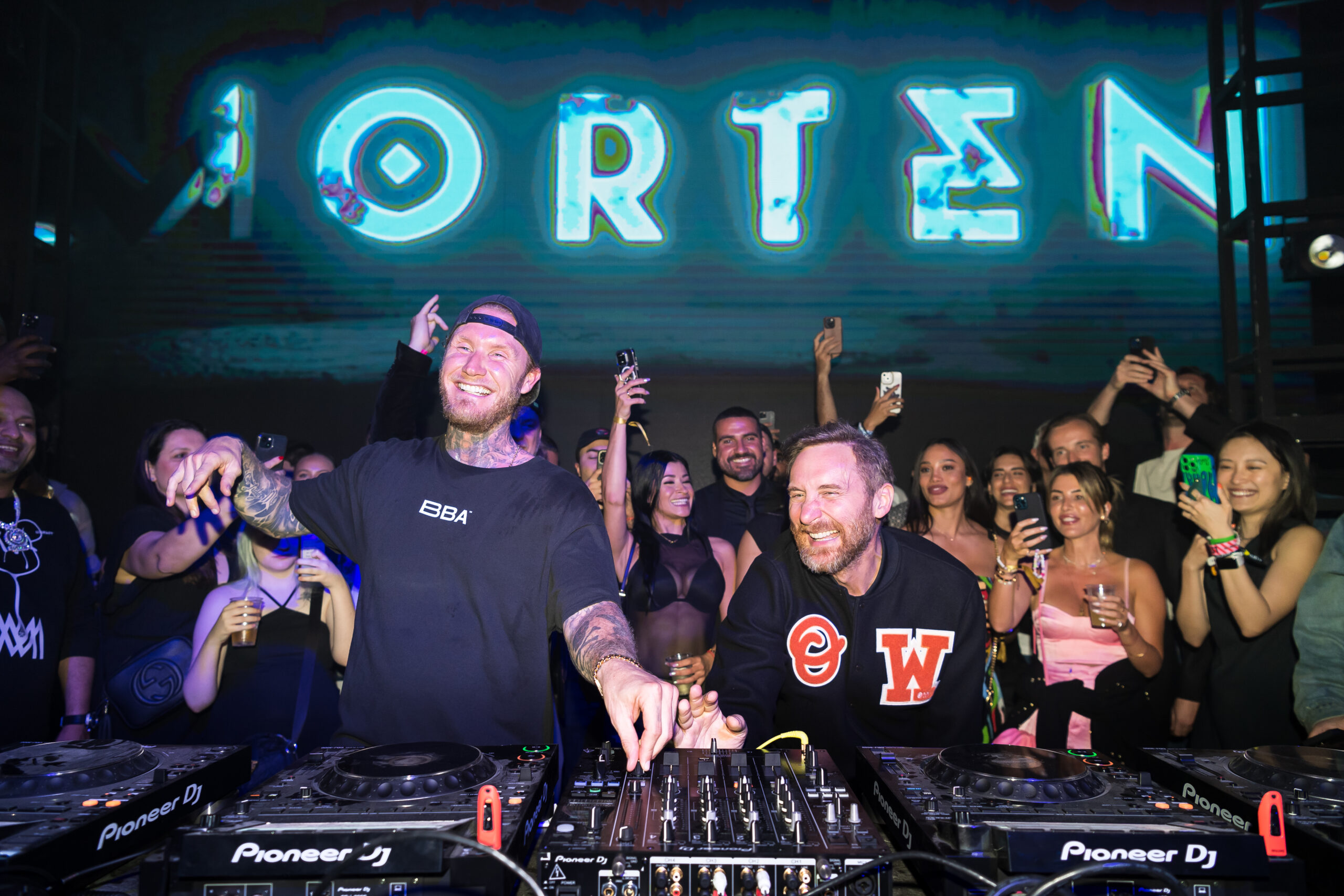 MIAMI, FLORIDA - MARCH 23: (L-R) Morten and David Guetta onstage during the Grand Opening at M2 MIAMI on March 23, 2023 in Miami Beach, Florida. (Photo by Jason Koerner/Getty Images for M2 Miami )