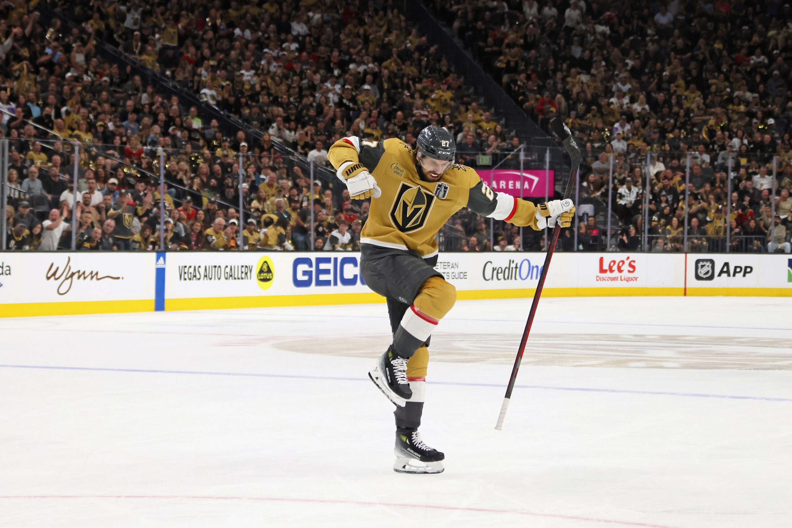 LAS VEGAS, NEVADA - JUNE 03: Shea Theodore #27 of the Vegas Golden Knights celebrates his goal against the Florida Panthers in Game One of the 2023 NHL Stanley Cup Final at T-Mobile Arena on June 03, 2023 in Las Vegas, Nevada. (Photo by Bruce Bennett/Getty Images)