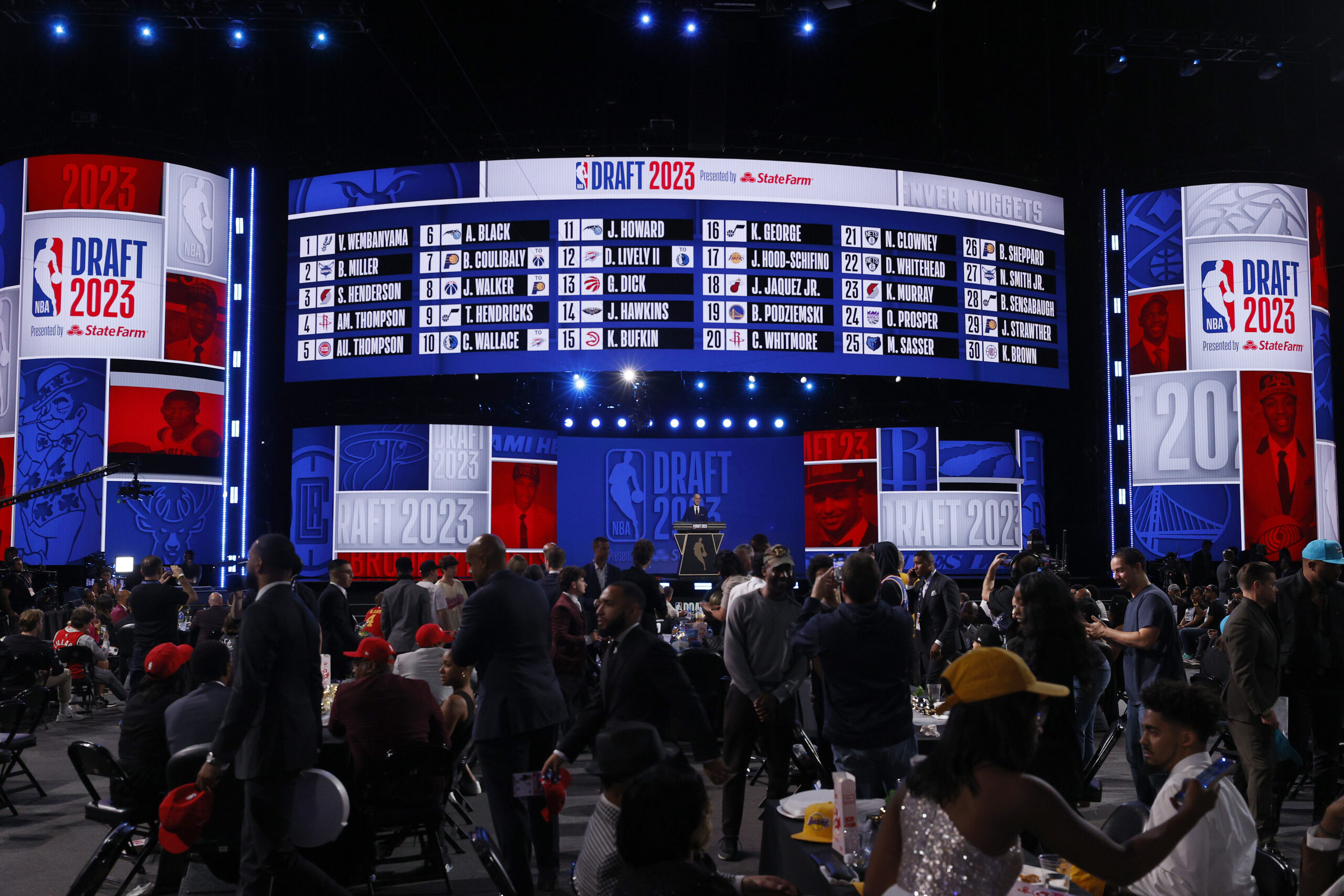 NEW YORK, NEW YORK - JUNE 22: A general view of the stage is seen as NBA commissioner Adam Silver closes out the first round of the 2023 NBA Draft at Barclays Center on June 22, 2023 in the Brooklyn borough of New York City. NOTE TO USER: User expressly acknowledges and agrees that, by downloading and or using this photograph, User is consenting to the terms and conditions of the Getty Images License Agreement. (Photo by Sarah Stier/Getty Images)