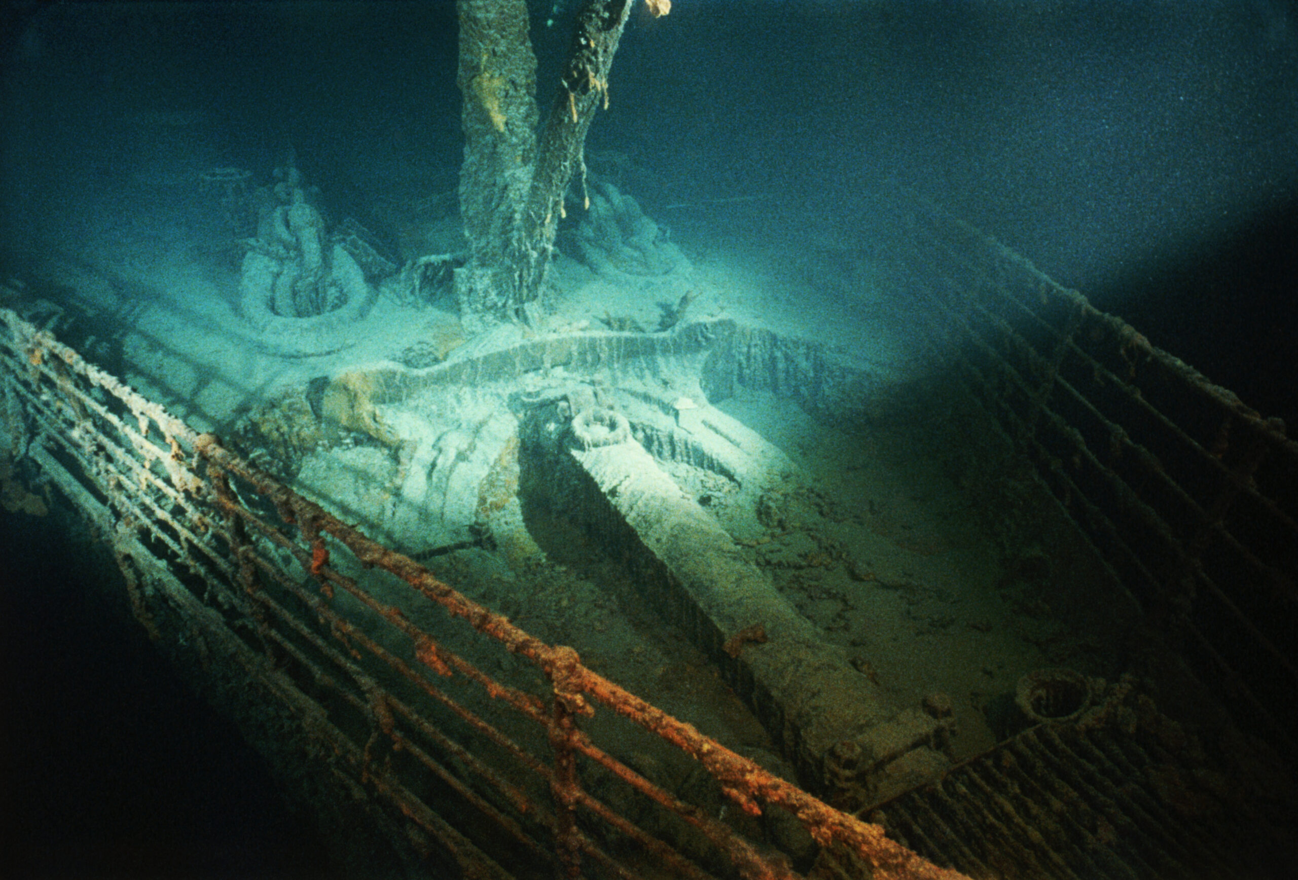 A spare anchor sits in its well on the forepeek of the shipwrecked Titanic.
