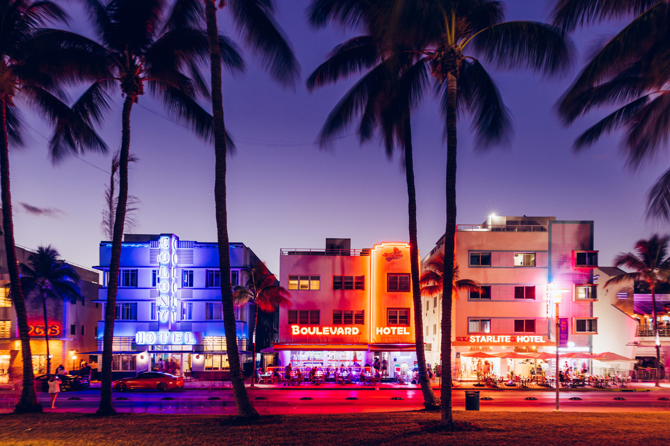 Neon light illuminated buildings along Ocean Drive in Miami, Florida, USA