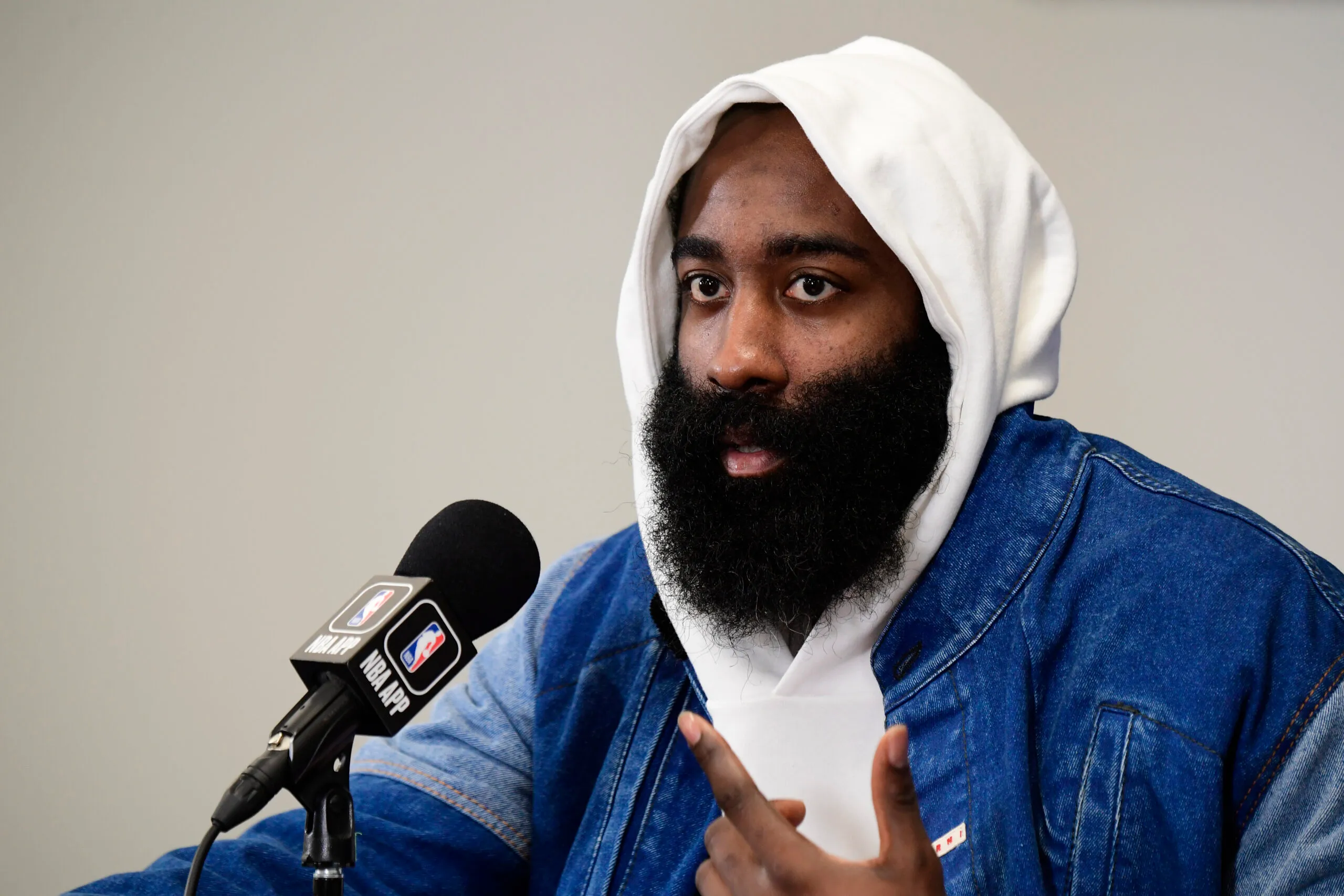 BOSTON, MA - MAY 9: James Harden #1 of the Philadelphia 76ers talks to the media after the game against the Boston Celtics during the Eastern Conference Semi Finals of the 2023 NBA Playoffs on May 9, 2023 at the TD Garden in Boston, Massachusetts. NOTE TO USER: User expressly acknowledges and agrees that, by downloading and or using this photograph, User is consenting to the terms and conditions of the Getty Images License Agreement. Mandatory Copyright Notice: Copyright 2023 NBAE  (Photo by Brian Babineau/NBAE via Getty Images)