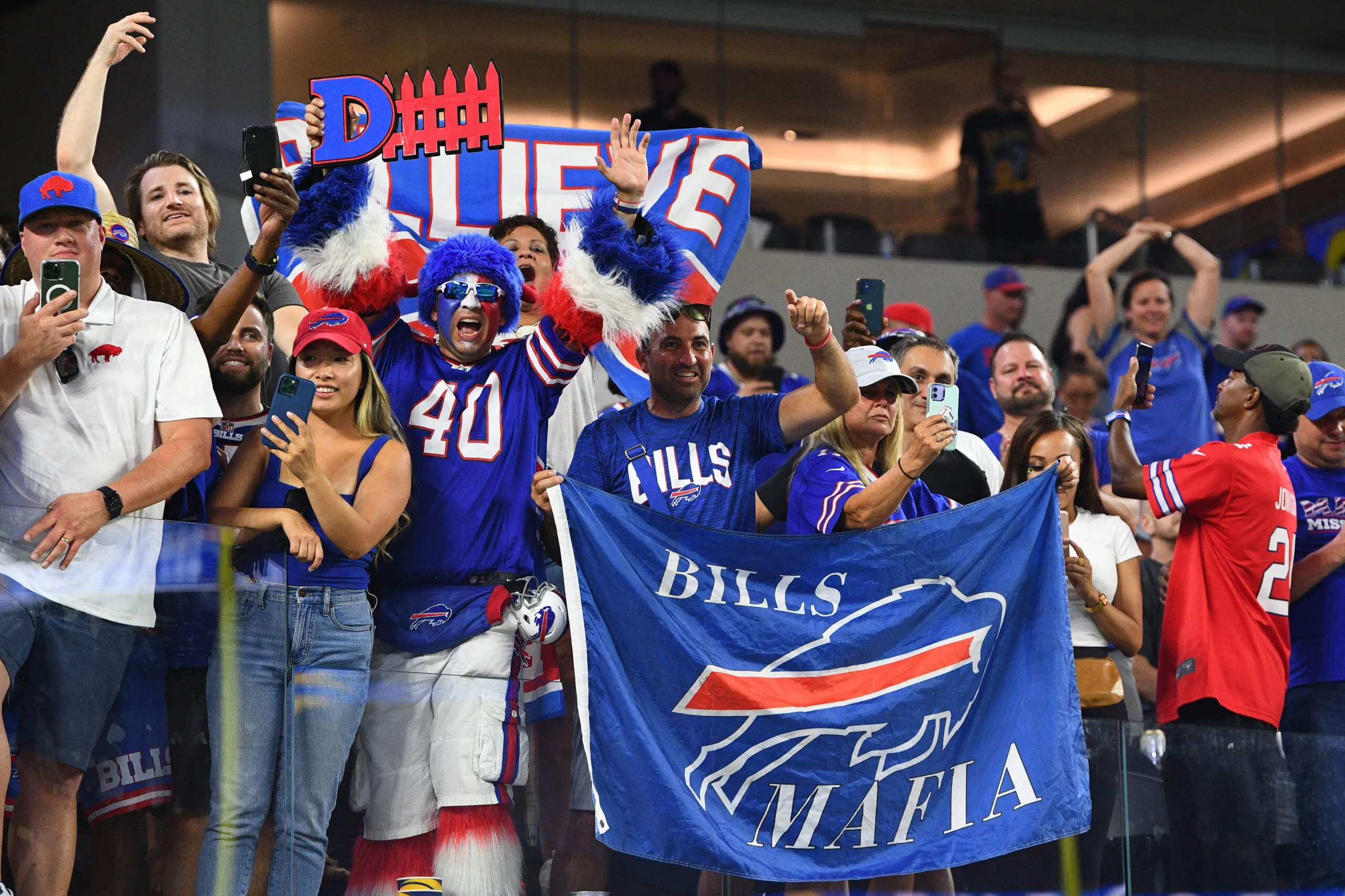 INGLEWOOD, CA - SEPTEMBER 08: A Bills fan holds up a Bills Mafia sign after the NFL game between the Buffalo Bills and the Los Angeles Rams on September 8, 2022, at SoFi Stadium in Inglewood, CA. (Photo by Brian Rothmuller/Icon Sportswire via Getty Images)