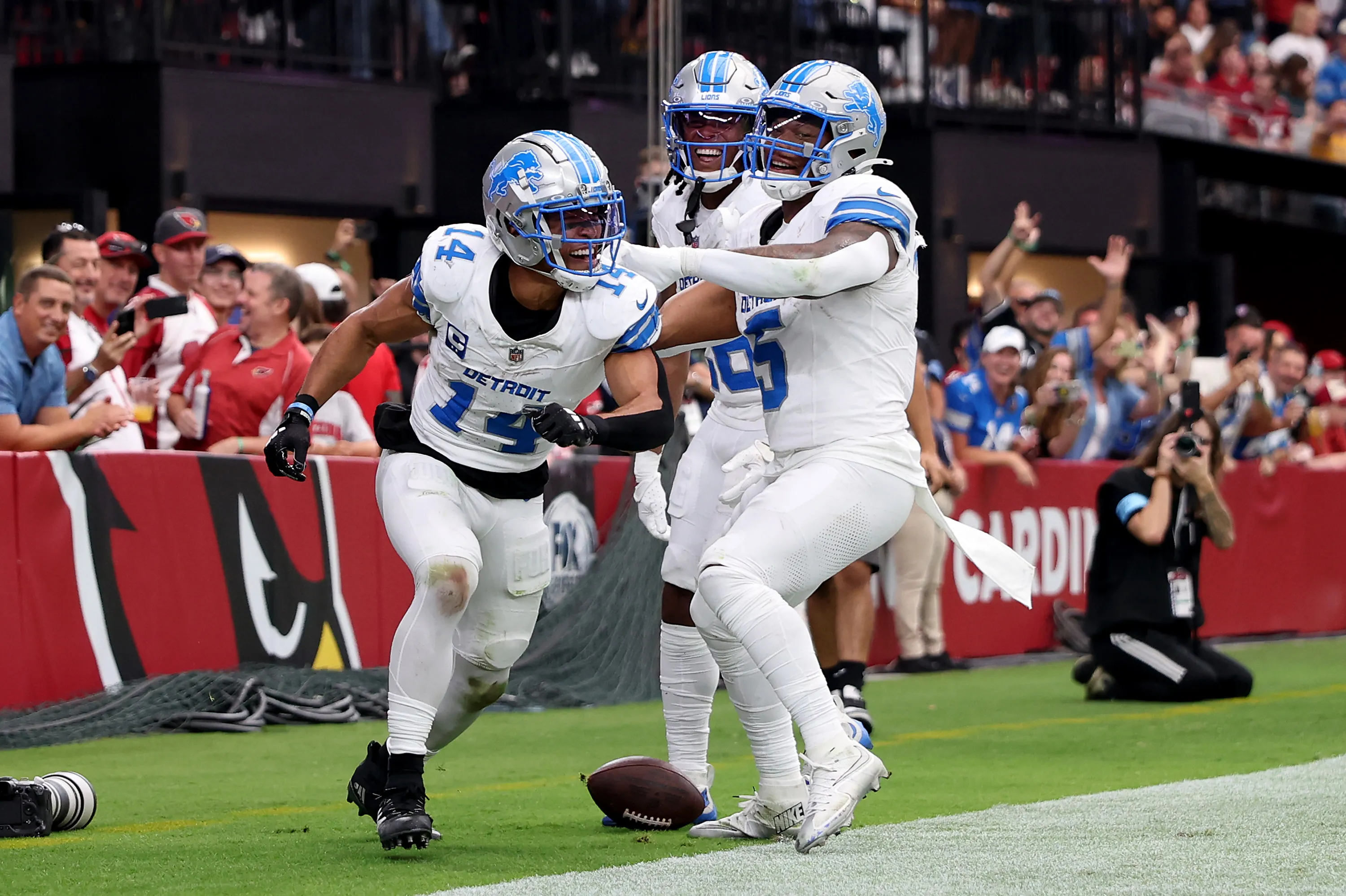 GLENDALE, ARIZONA - SEPTEMBER 22: Amon-Ra St. Brown #14 of the Detroit Lions celebrates after scoring a touchdown against the Arizona Cardinals during the second quarter at State Farm Stadium on September 22, 2024 in Glendale, Arizona. (Photo by Christian Petersen/Getty Images)