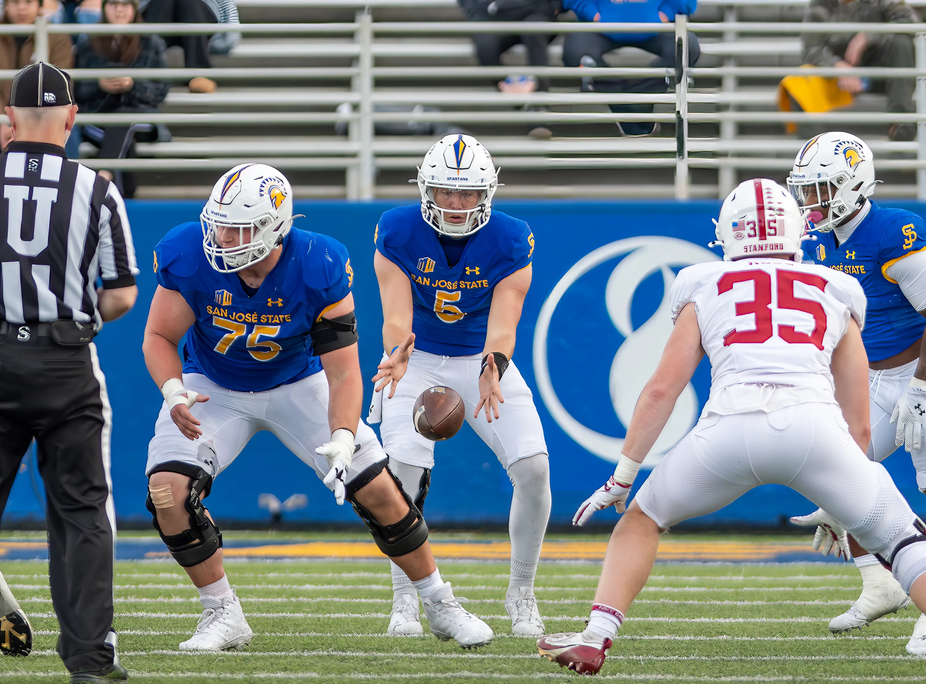 SAN JOSE, CA - NOVEMBER 29: San Jose State Spartans quarterback Walker Eget (5) reaches out for snap during the game between the San Jose Spartans and the Stanford Cardinals on Friday, November 29, 2024 at the CEFCU Stadium in San Jose, California. (Photo by Douglas Stringer/Icon Sportswire via Getty Images)