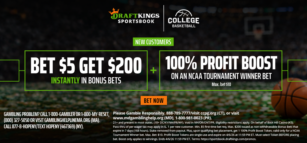 New Customers: Bet $5+ Get $200 in Bonus Bets Instantly + 100% NCAA Tournament Winner Profit Boost